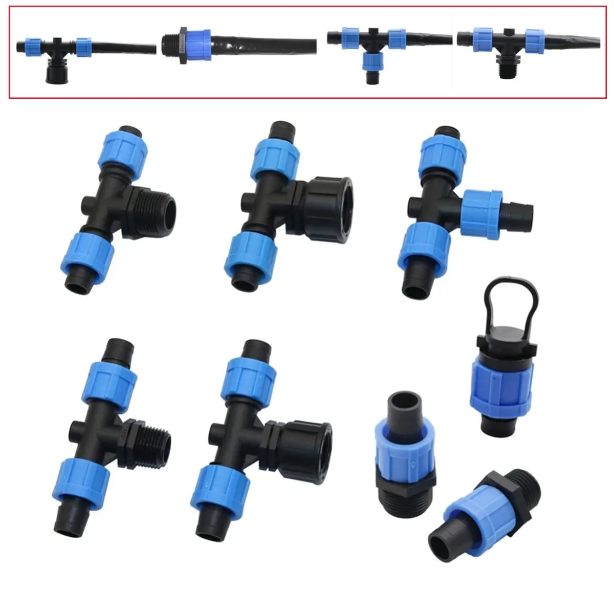 

DN17mm Garden Drip Irrigation Belt Locked Tee/Straight/End Plug Joint 1/2"3/4" Threaded 5/8"(DN20mm) Pipe Quick Connector 40Pcs