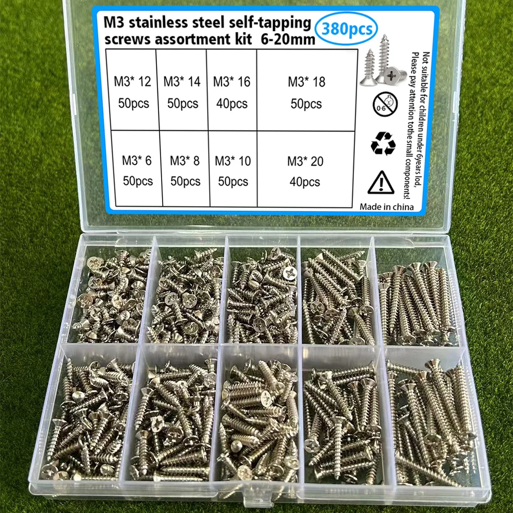 380-Piece M3 Stainless Steel Self-Tapping Screw Set, Lengths 6-20mm, for Home Repair and Installation, Tightening Wood and Metal