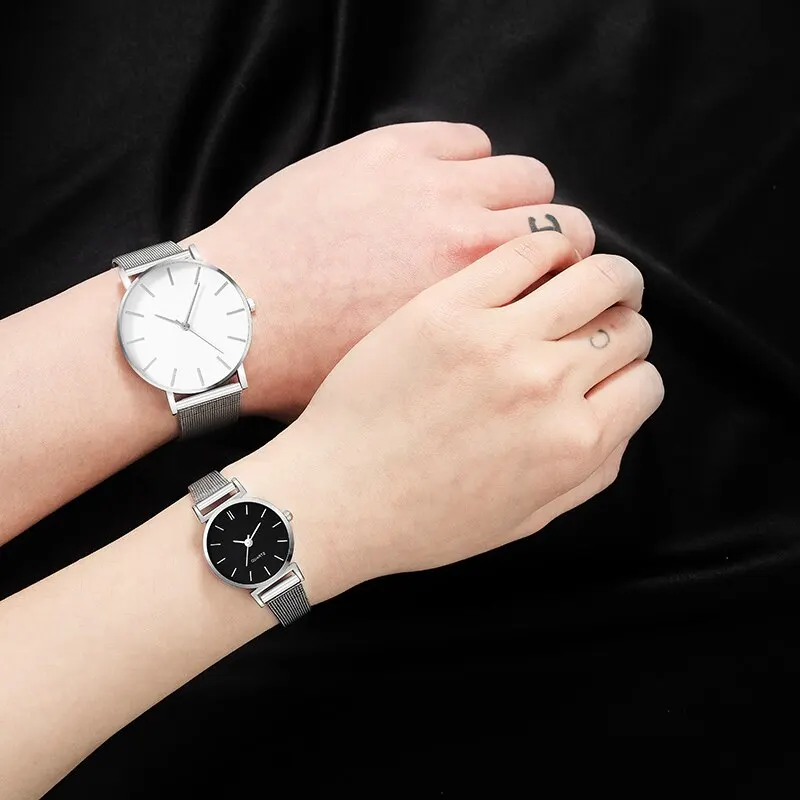 2pcs Stainless Steel Quartz Watches For Women Men Leisure Fashion Golden Ladies Clock Wristwatch