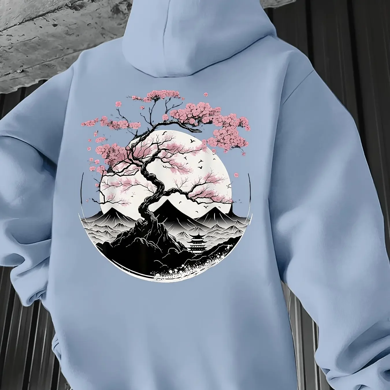 Retro Japanese Ink Painting Style Cherry Blossom Bonsai with Mount Fuji Full Moon Round Frame Men's Loose Hooded Sweatshirt