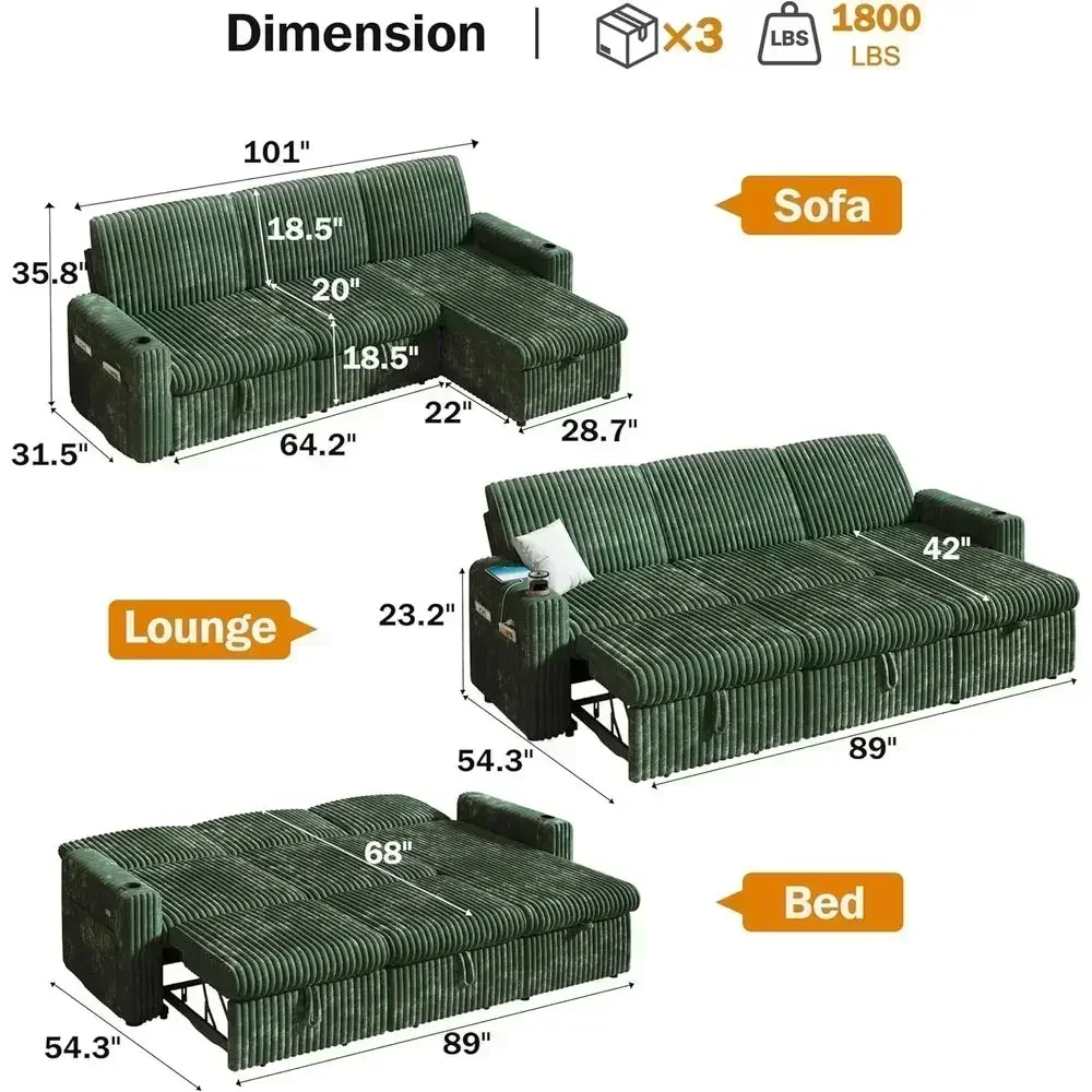 Corduroy L-Shaped Sleeper Sofa with Pull-Out Bed, Reclining, Storage Chaise, USB Ports, Cup Holders, Easy Assembly, Forest Green