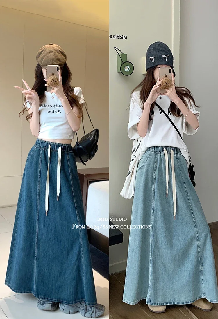 S-XL 2Colors Long Denim Skirt 2024 Korean Style High Elastic Waist  Lace Up A Line Ball Grown Long Jeans Skirts Style