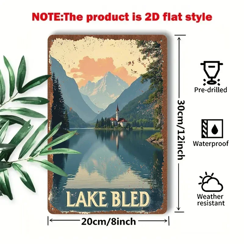2D Flat - 1pc 2D[Flat] Lake And Mountain Tin Plate Painting, 8X12 Inches/20X30 Cm, Depicting a Tranquil Lake And Distant Snow Mo