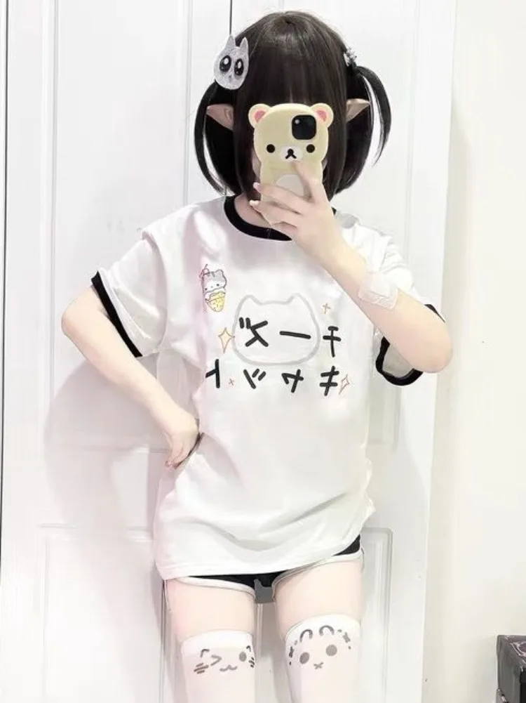 2024 Sumemr New O-neck White T-shirts Harajuku Kawaii Ice Cream Cat Tee Shirt Y2k E-Girl Short Seeve Loose Tops Women