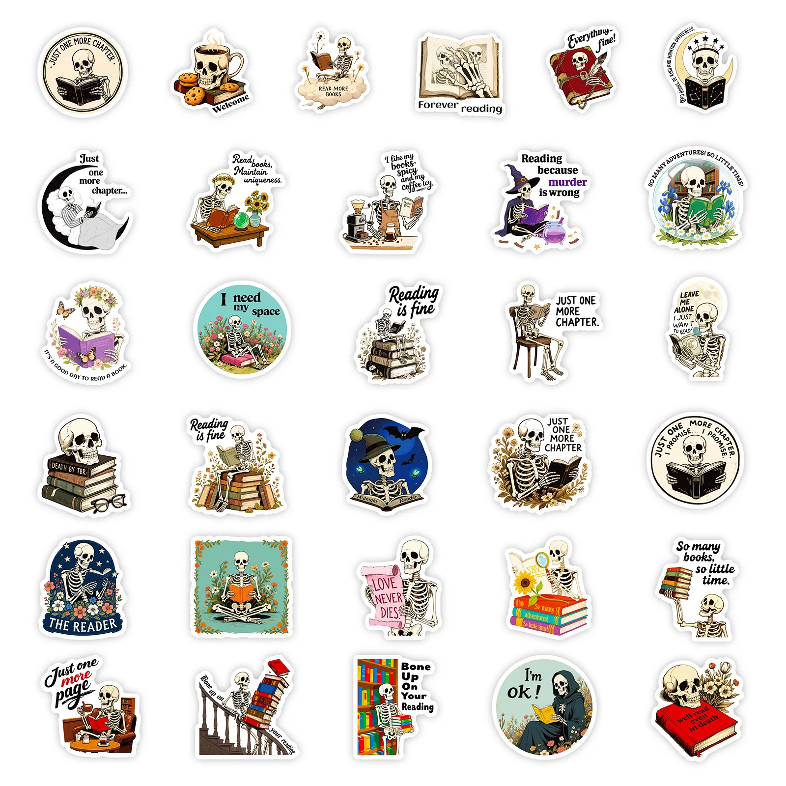 56PCS New Creative Skeleton Book Reading Graffiti Sticker Gothic Funny Graffiti Waterproof Decal DIY Wardrobe Water Cup Desk