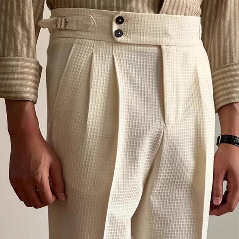 Vintage Belt-up High Waist Trousers Men Spring Summer Fashion Solid Color Waffle Breathable Pants Mens Old Money Aesthetic Pants