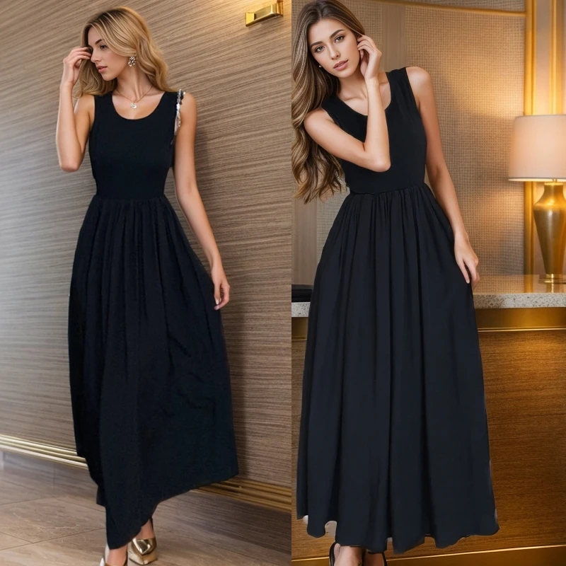 

Super Immortal Black Sleeveless Tank Top Dress for Women's 2023 Spring Summer Style Elegant Mid length