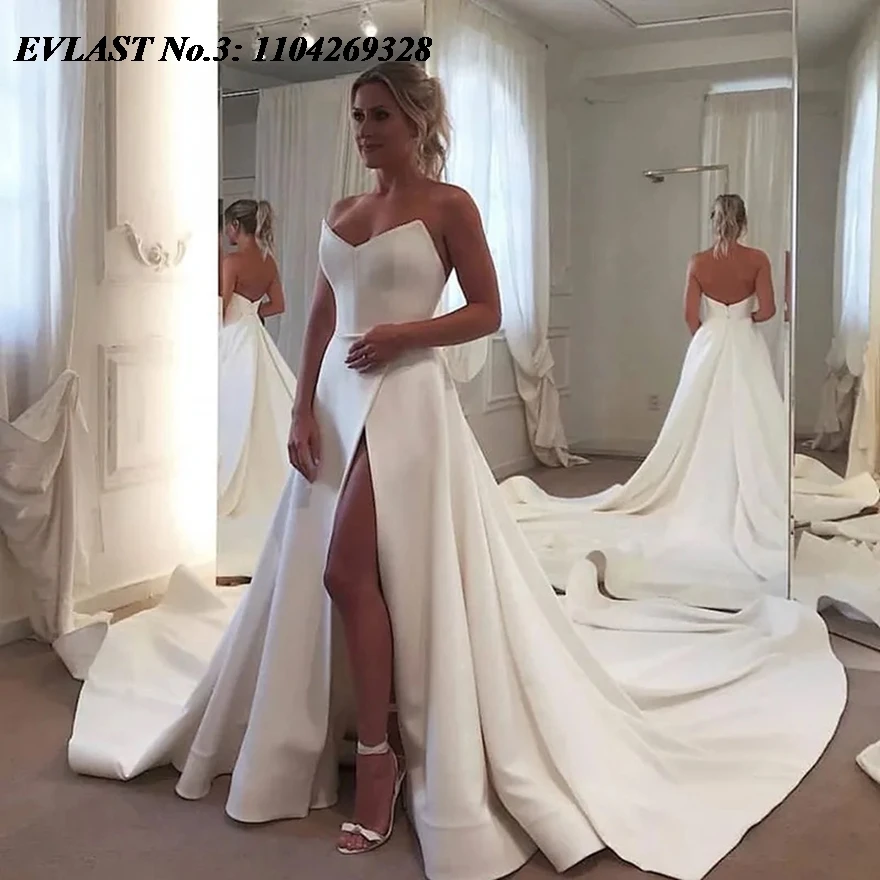 EVLAST مخصص بسيط أنيق حورية البحر فستان الزفاف عالية الشق الساتان فستان عروس فستان زفاف Vestidos De Novia E3W37