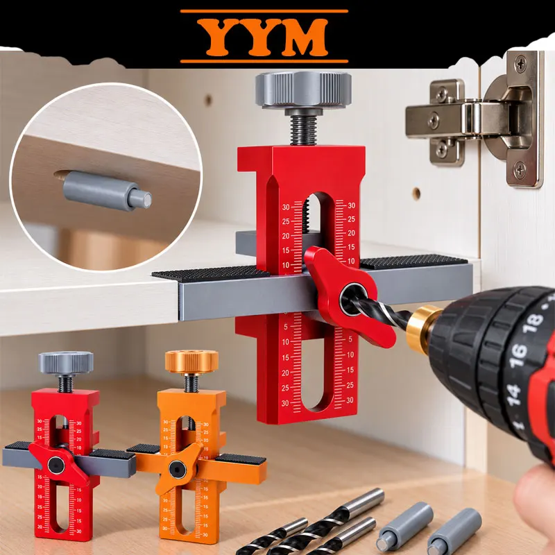 YYM Cabinet Door Drilling Jig, Aluminum Alloy Hinge Positioning Fixture Woodworking Locator Tool, No Drill Bits Included