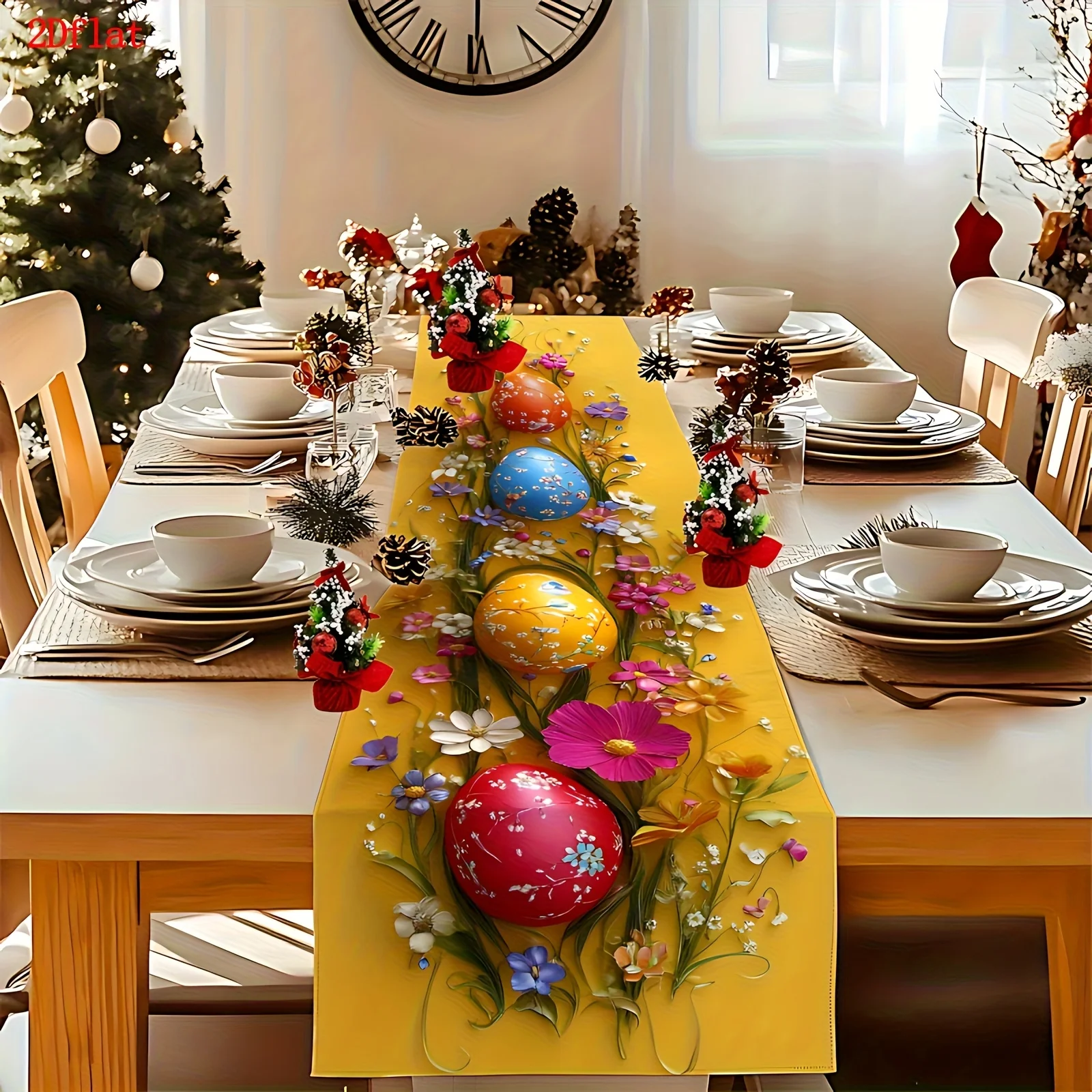 1 Stück Osterei-Tischläufer mit Blumenmuster, leuchtend gelb, Feiertagsdekoration, langes Tuch, für Zuhause, Esszimmer, Party, Tischdecke
