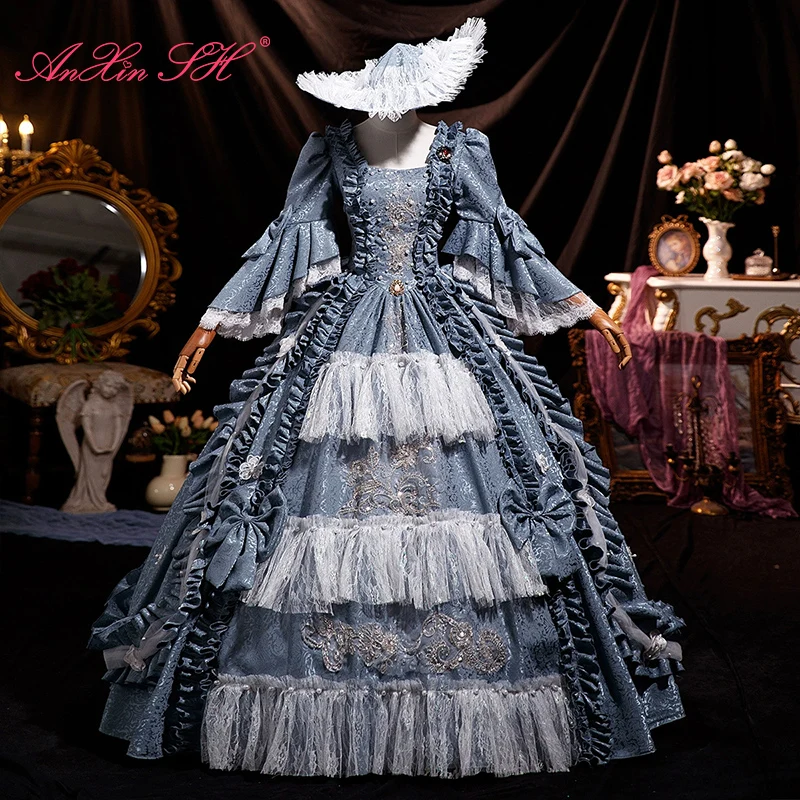 AnXin SH princess grey blue satin white lace performance sweetheart beading pearl long flare sleeve customized Prom Dresses