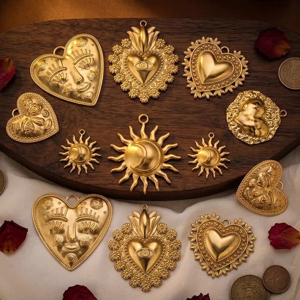 5pcs 304 Stainless Steel Sun Large Heart Charms Gold Plated 18k for DIY Women Earrings Necklace Jewelry Pendants Making Findings - view 5