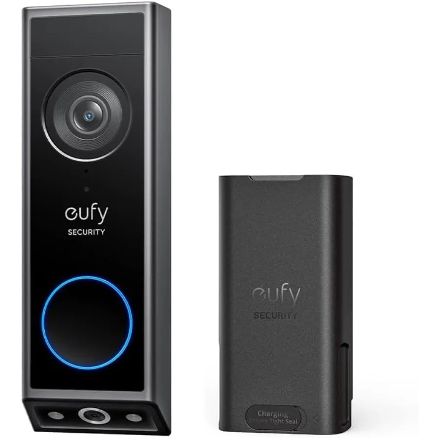 Video Doorbell E340 Kit for home security, aluminum alloy body, matte black finish, no subscription required with dual 2K FHD c