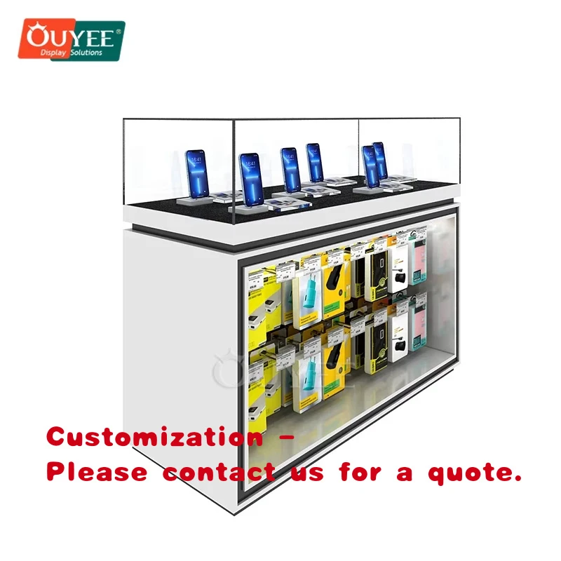 custom.Modern Multi-Purpose Mobile Phone Display Cabinet Showcase Accessories Wooden Glass Counter with Metal Frame