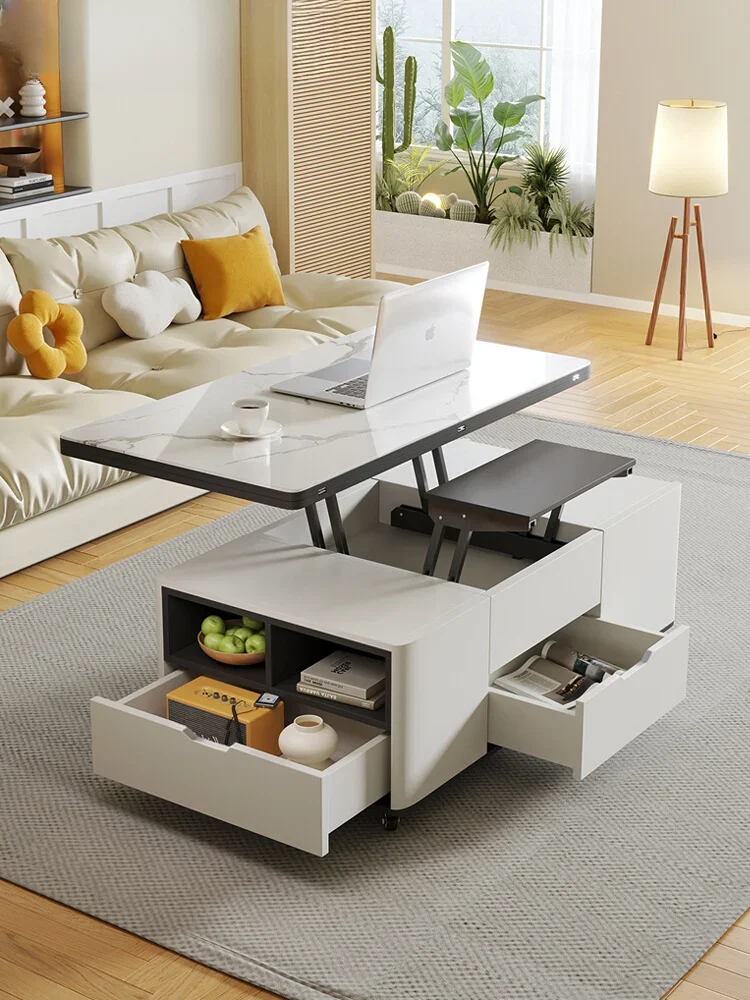 Multifunctional small apartment household with stool living room movable rock slab lifting coffee table dining table