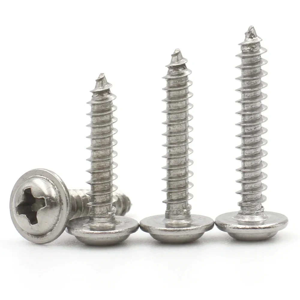 10-100pcs M1.4 M1.7 M2 M2.3 M2.6 M3 M3.5 M4 M5 304 Stainless Steel Phillips Cross Pan Round Head with Washer Self-Tapping Screw