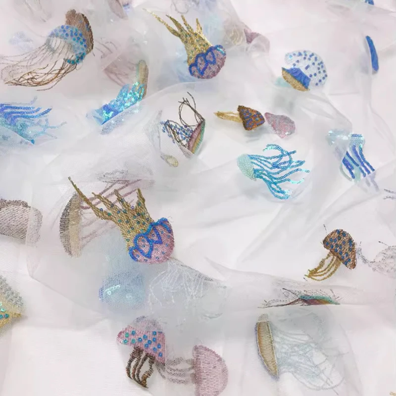 

Jellyfish Sequin Embroidery Mesh Fabric Iridescent Tulle Netting for DIY Sea Theme Clothing Dress Skirt Children Women Apparel