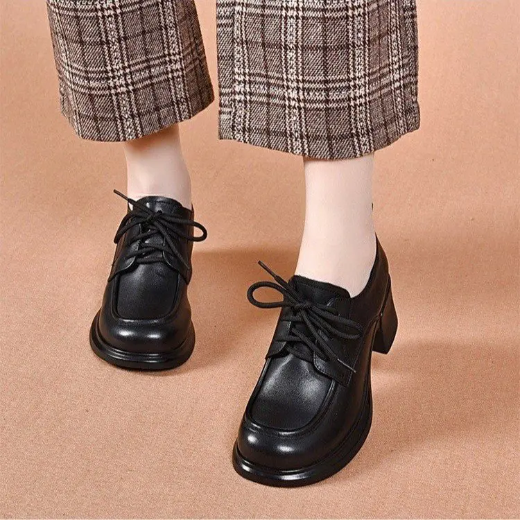 

Женские лоферы на высоком каблуке, весенне-осенние черные маленькие кожаные туфли, модные туфли в британском стиле на шнуровке с круглым носком на толстом каблуке