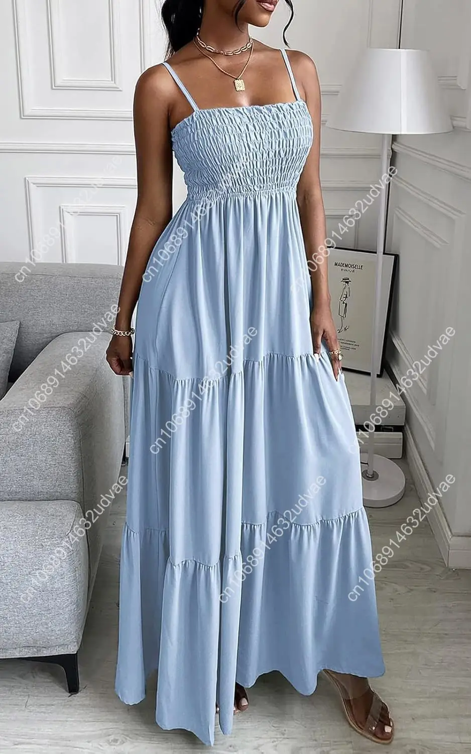 Abito lungo estivo da donna 2025 Casual Boho senza maniche con cinturino per spaghetti smock a strati prendisole da spiaggia lunghi