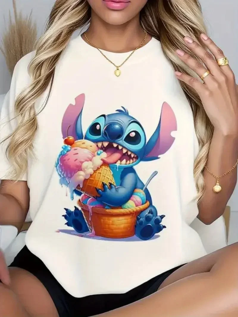 

2025 Disney Pattern Printed Women's Casual Comfortable Unique Smiling Face Black Round Neck Short Sleeve T-shirt