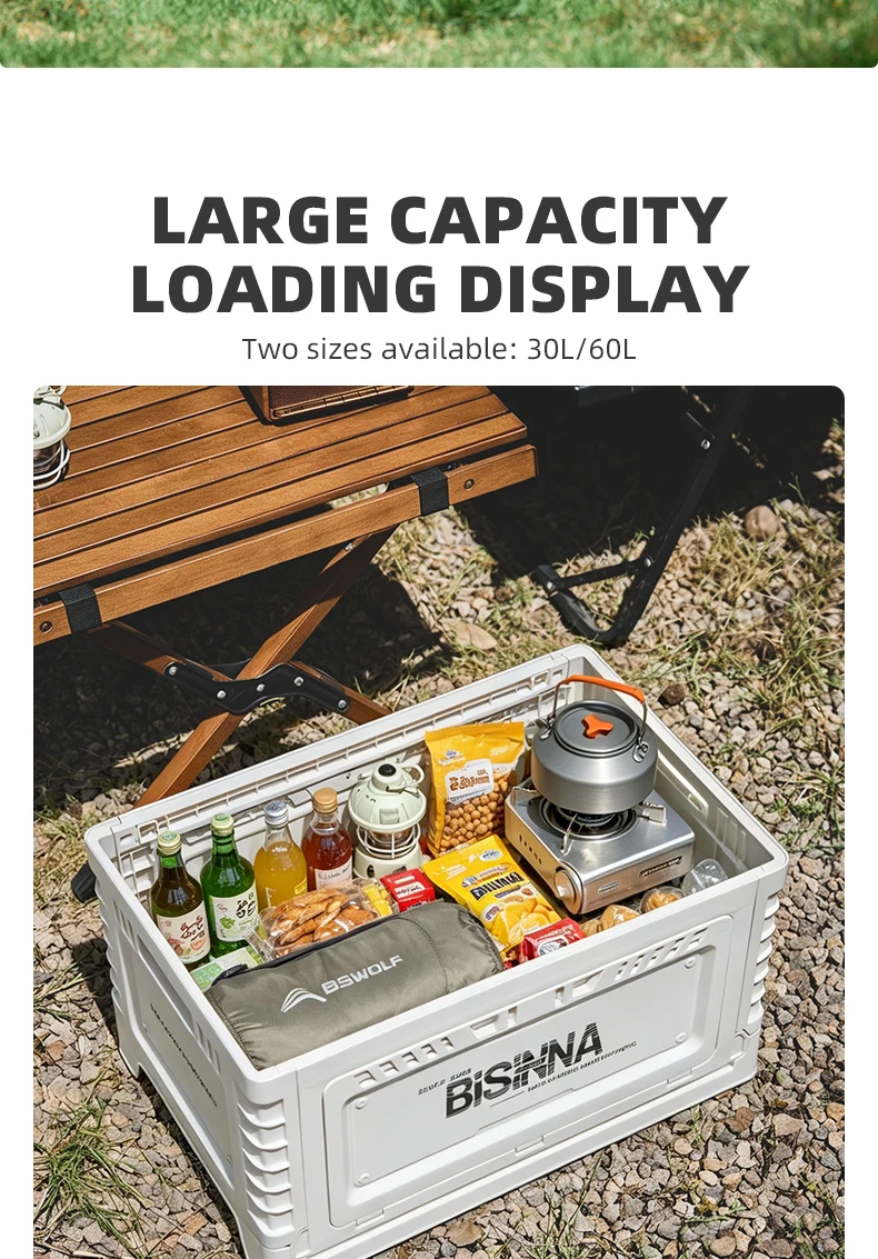 BISINNA Camping Box 30L/60L Large Capacity Folding Storage Box Car Trunk Wooden Lid Home Bedside Table for Outdoor Picnic Travel