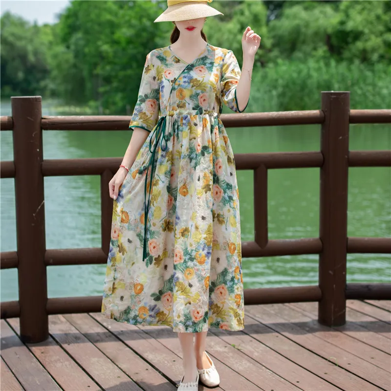 2023 Summer New Women's Literary Loose Dress Is Fashionable and Elegant Ramie Printed Drawstring Waist and Knee Swing Dress