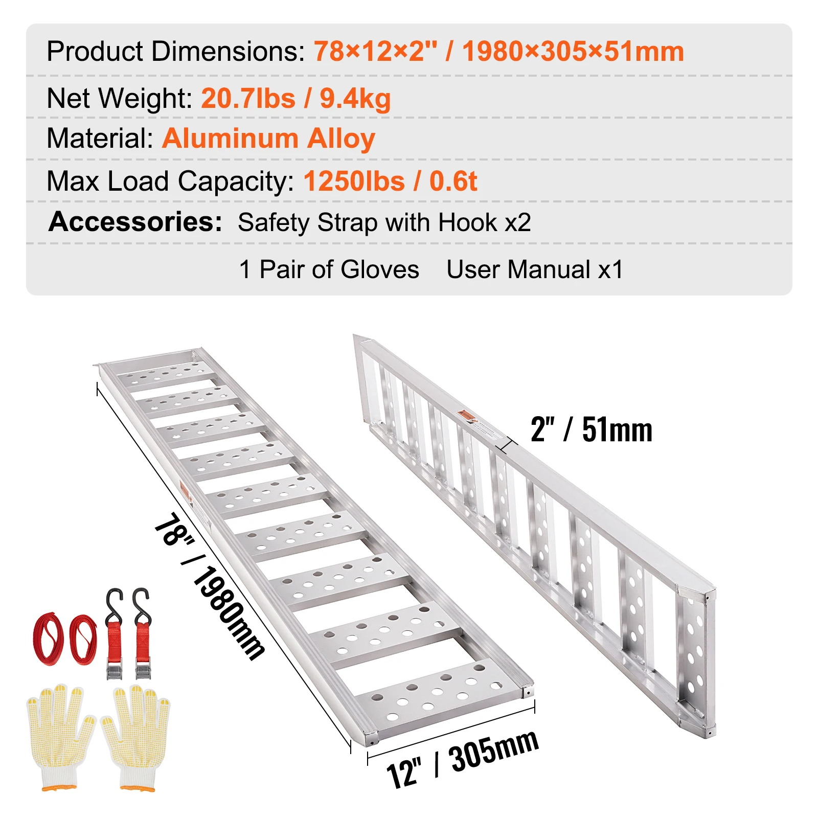 VEVOR Aluminum Ramps 1250lbs Straight Ramp with Treads and Load Straps Portable Loading Ramp for Motorcycles ATVs Trucks  2Pcs