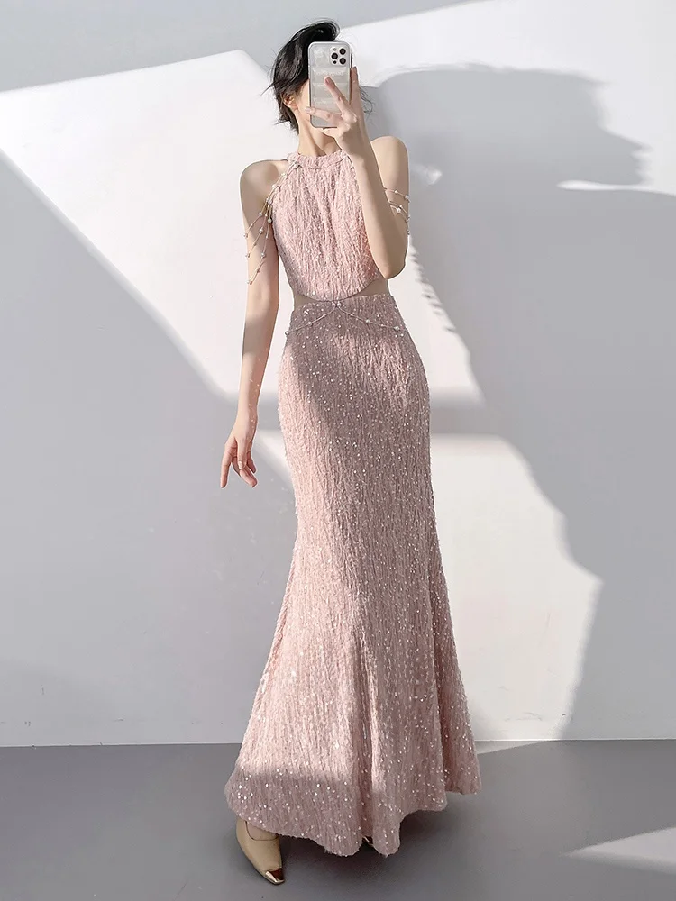 

Розовое вечернее платье женское 2026: Новинка, элитное, легкое, роскошное, для ведущих, с пайетками, фасон «русалка», большие размеры, корейский стиль