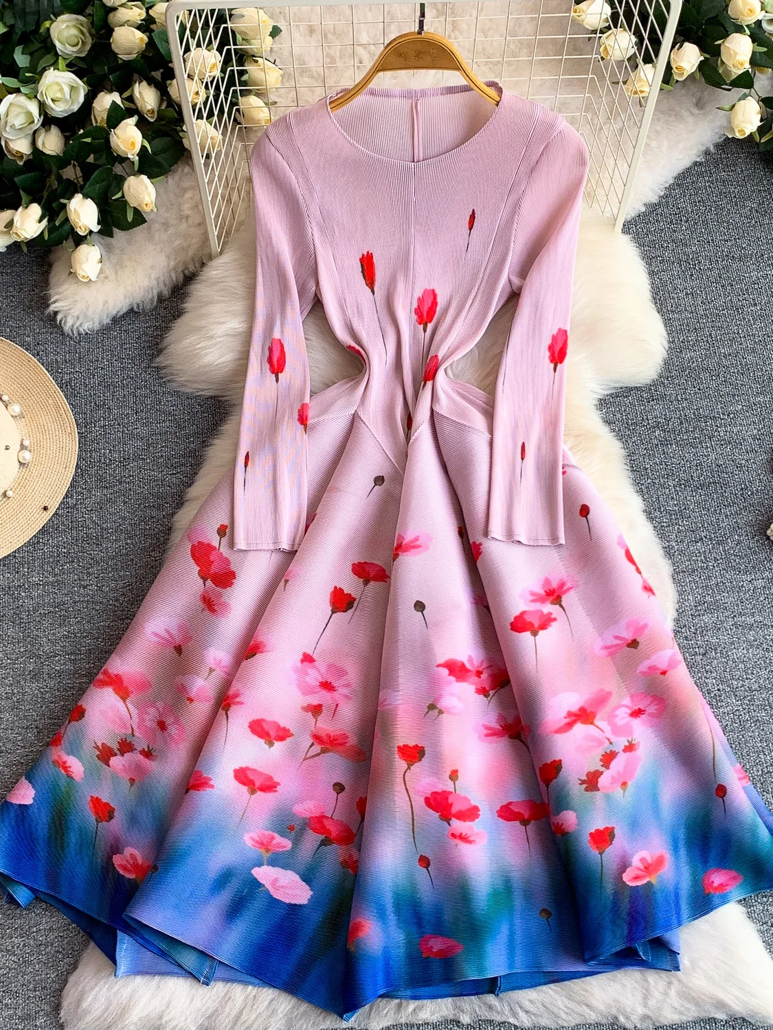 

Романтичное винтажное платье с принтом, женское летнее платье А-силуэта с высокой талией, длинная юбка, элегантное драпированное платье с круглым вырезом, нарядное платье