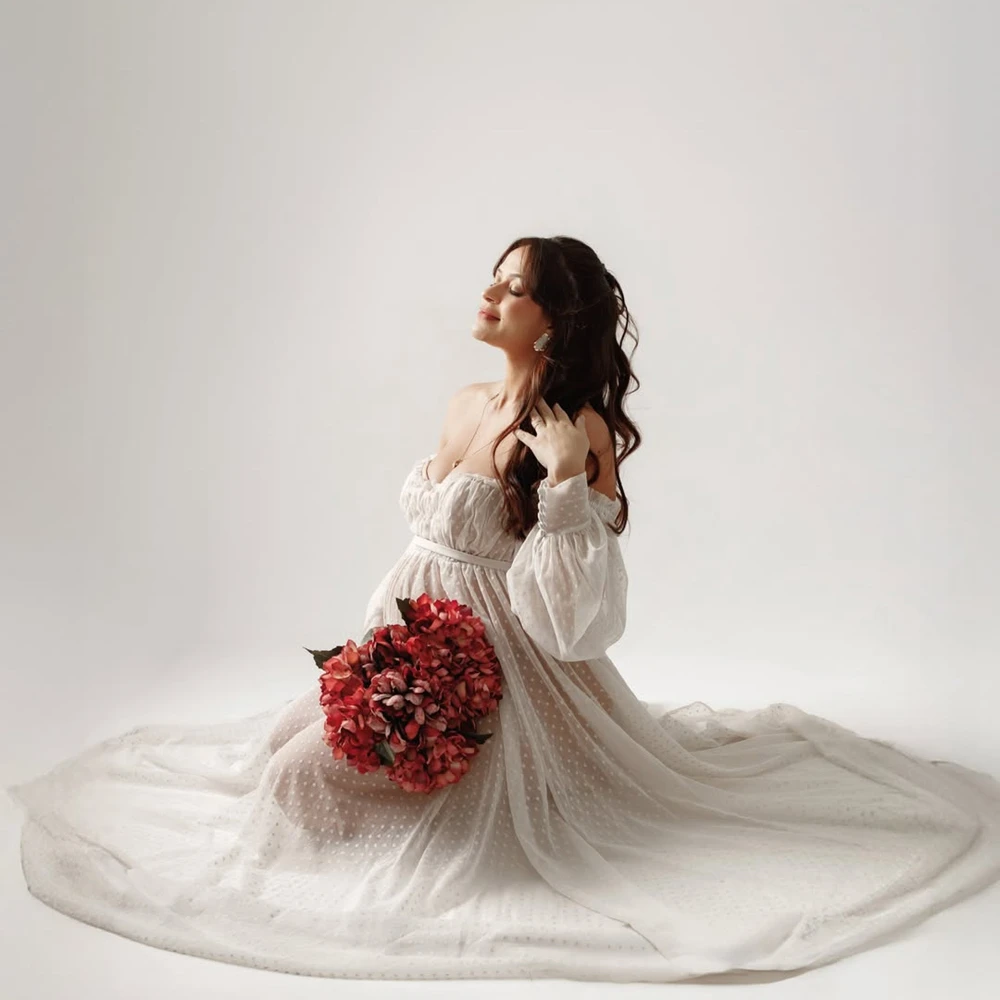 Maternity Photography Dress Off Shoulder Polka Dot Mesh Gown Pregnant Women Photoshoot Clothes Pregnancy Studio Prop