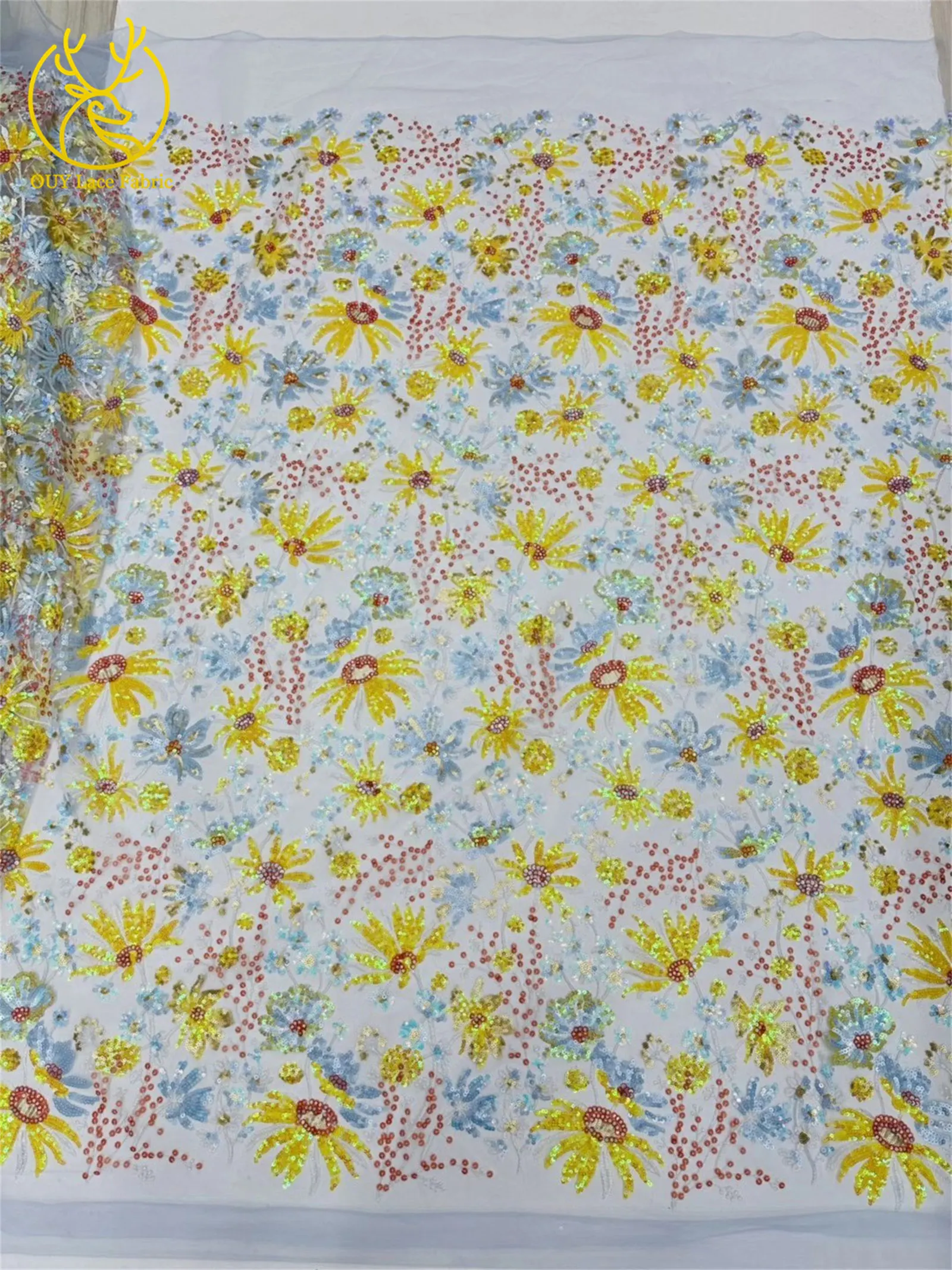 5 Yards des neuesten afrikanischen Pailletten bestickten Spitzenstoffs, hochwertiger französischer nigerianischer Mesh-Tüll-Spitzenstoff, Partykleid – Detail 19