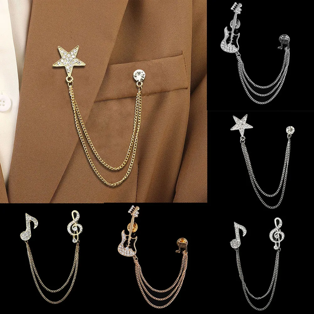 Men's Fashion Star Musical Note Shape Collar Chain Brooch Men Tassel Brooch Shirt Collar Decoration Button Needle Fit Daily Wear