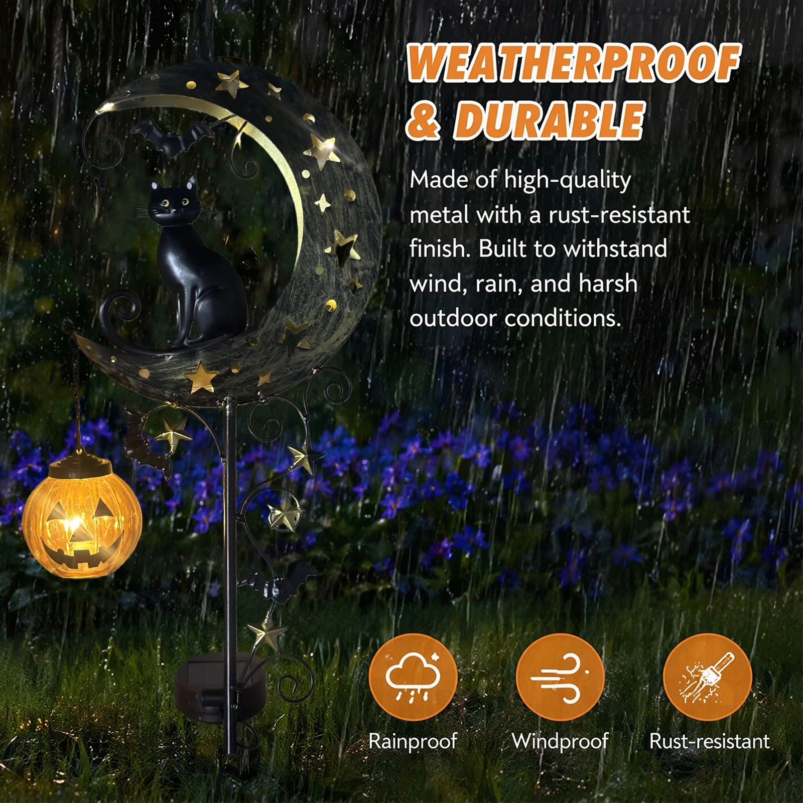 Solar Black Cat & Pumpkin Moon Stake Light Weatherproof Cat Moon Solar Lamp Outdoor for Outdoor Patio Pathway Yard Lawn Decors