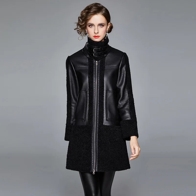 

PinkyIsBlack Winter Coats Women Thickness Faux Leather Fur Mideum Long Stand Collar Leather Jacket Coat Outwear Casaco Feminino