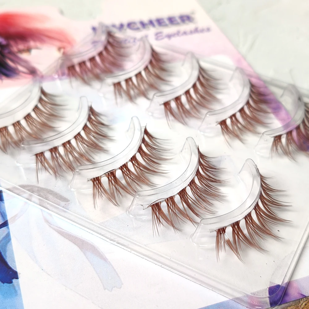 Brown Colors 5 Pairs V Shape 3D Eyelashes Cirsscross Fasle Eye Lashes Natural Eyelash Extension Handmade Clea Stem Reusable