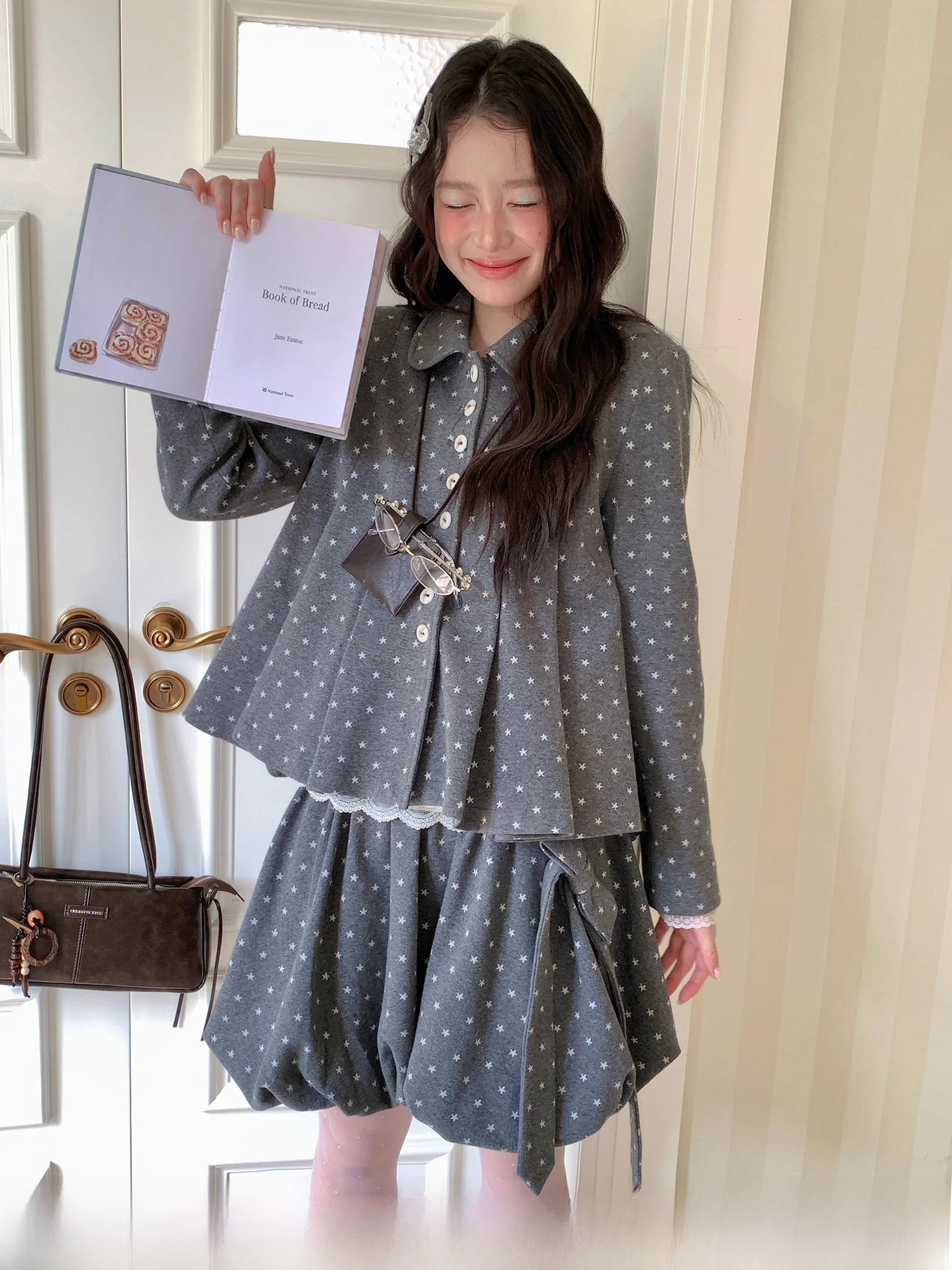 Retro Polka Dot Shirt Style Pleated Coat Atmosphere Bud Half Skirt Set Women's Fashion Autumn Collection Cotton Polyester Blend