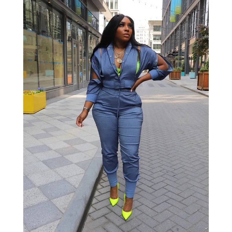 

Casual Jeans Two Piece Set Women Zipper Hollow Out Full Sleeve Single Breasted Short Jackets Top Elastic Waist Pants Denim Suits