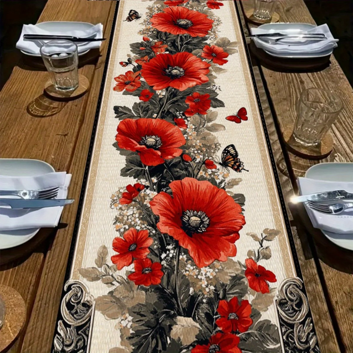 Polyester Table Runner Poppy Flower Design Vivid Red Poppies Green Leaves Butterfly Motifs For Dining Table Decor Elegant