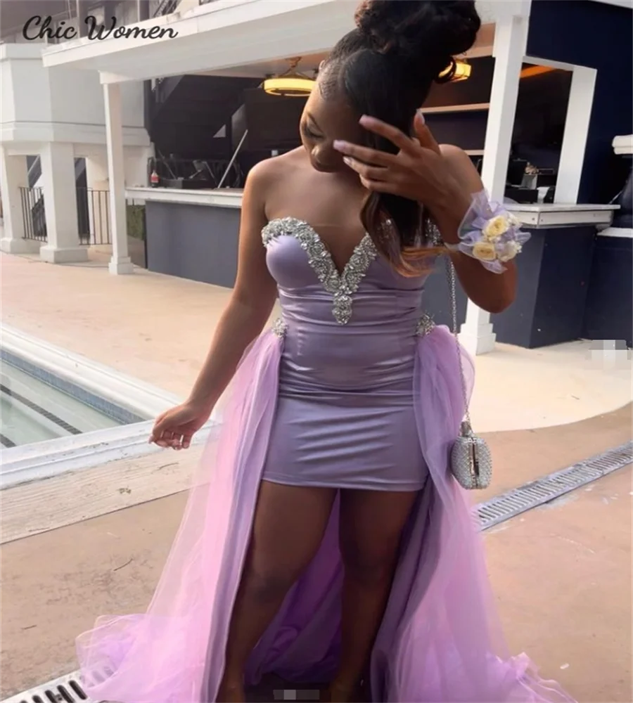 Elegant Light Purple Homecoming Dress With Overskirt Train Beaded Short Cocktail Dinner Party Dress 2025 Customized Prom Evening