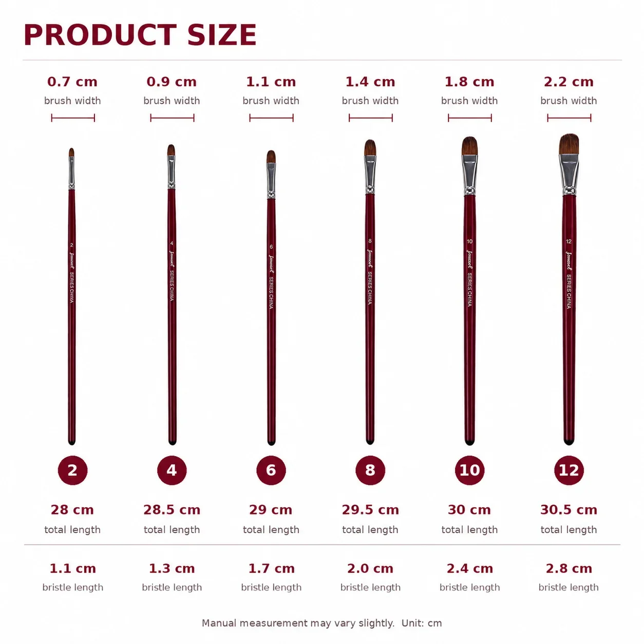 Jowoart 6-Piece Nylon Animal Hair Filbert Paint Brush Set with Burgundy Long Wooden Handles for Oil Acrylic and Gouache Art Tool