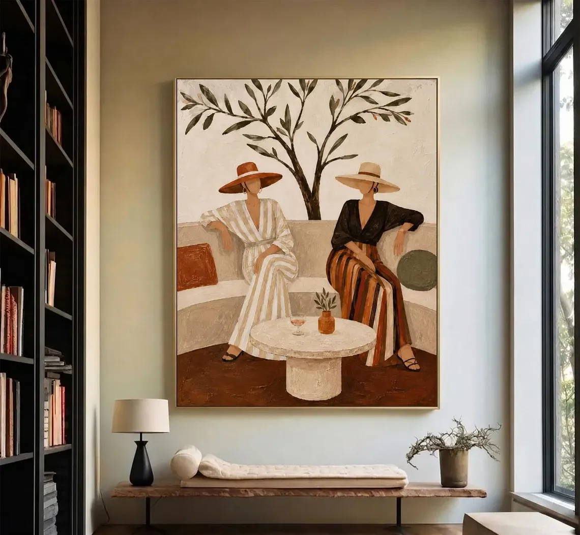 Two Women Figure Painting, Boho Mediterranean Patio Canvas, Striped Dress Oil Art