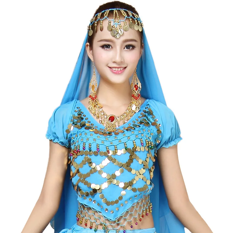 Women Sequined Belly Dancing Wear Oriental Dance Tops Performance Costumes Bell Tassel Irregular Hem Crop Top Lace-Up Back Tops