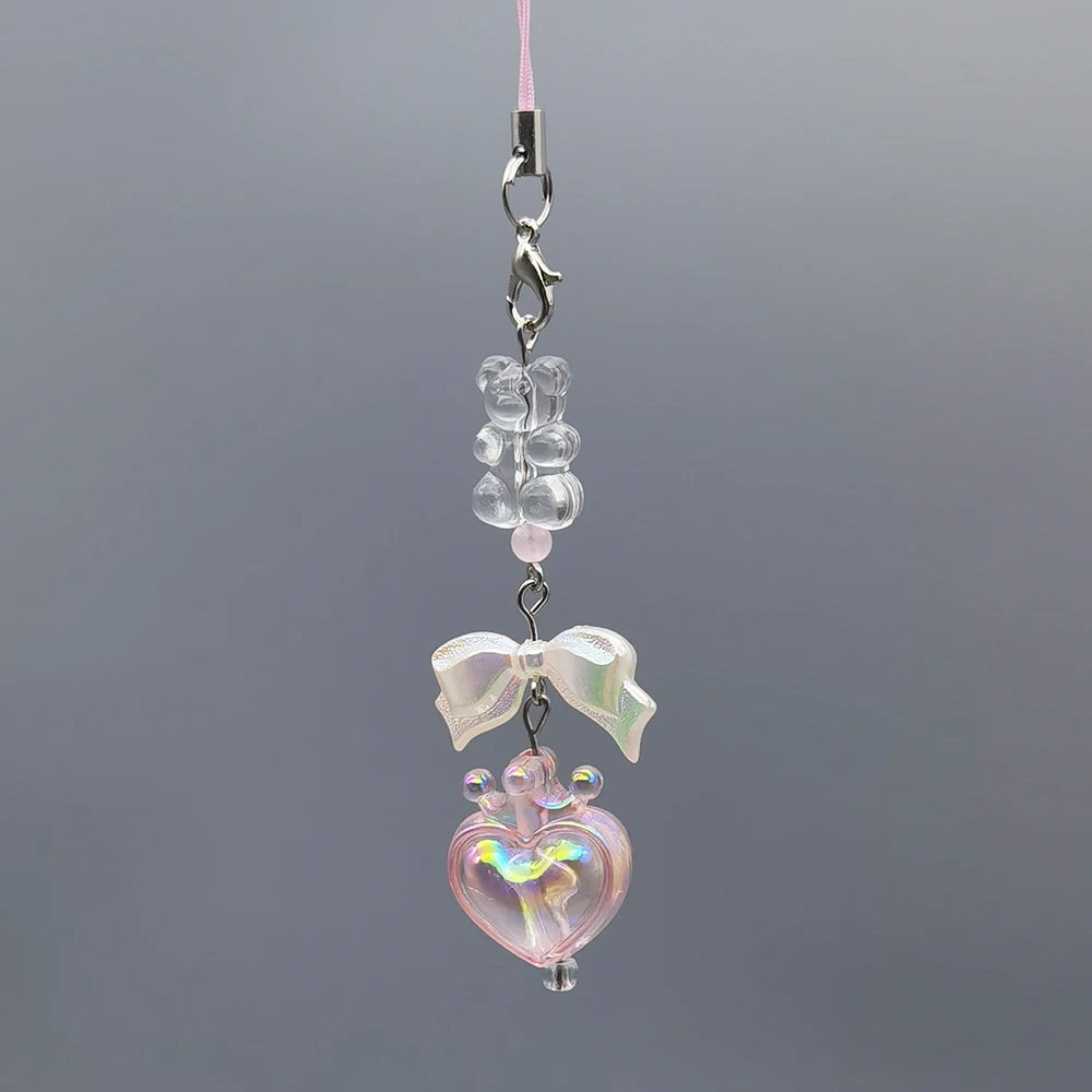 Original Y2K Phone Lanyard Charm Strap Clear Bear White Bowtie Colorful Crown Heart Bag Pendant Keychain Hanging Rope Keycord