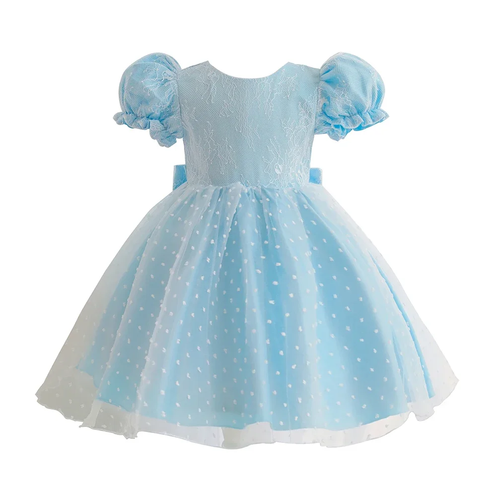 

Princess Lace Dots Puff Sleeve Cute Cotton Lining Pink Blue Summer Baby Girl Dress for 1 Years Birthday Party robe 6M-4T