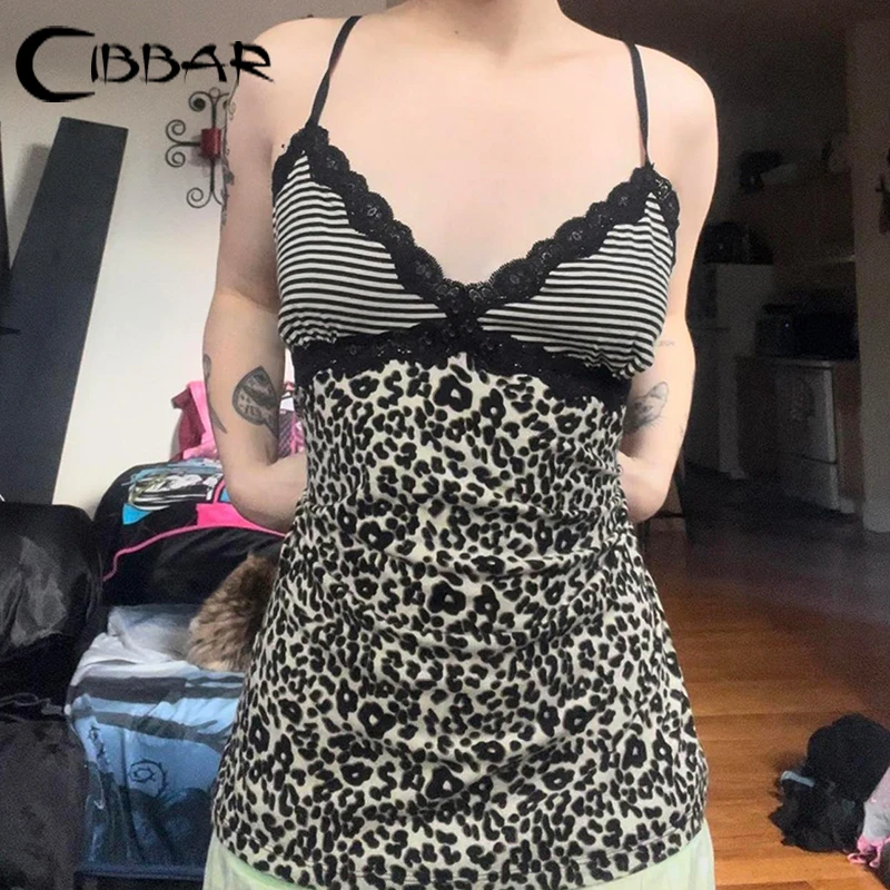 CIBBAR Retro Leopard y2k Cropped Top Vintage 2000s Lace Patchwork V Neck Striped Print Spaghetti Strap Tops Harajuku Women Tees