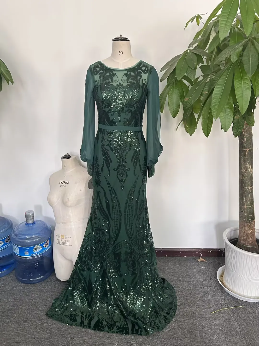 Vestidos de baile de sereia para senhoras, chiffon, manga comprida, vestidos elegantes com cinto, ocasião formal, festa verde