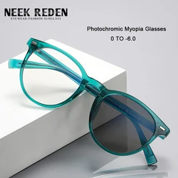 Blue Round Photochromic Myopia Glasses Women Tr90 Korean Style Shortsight Prescription Eyewear -0.5 -1.25 -2.0 -2.25 -3.25 -6.0