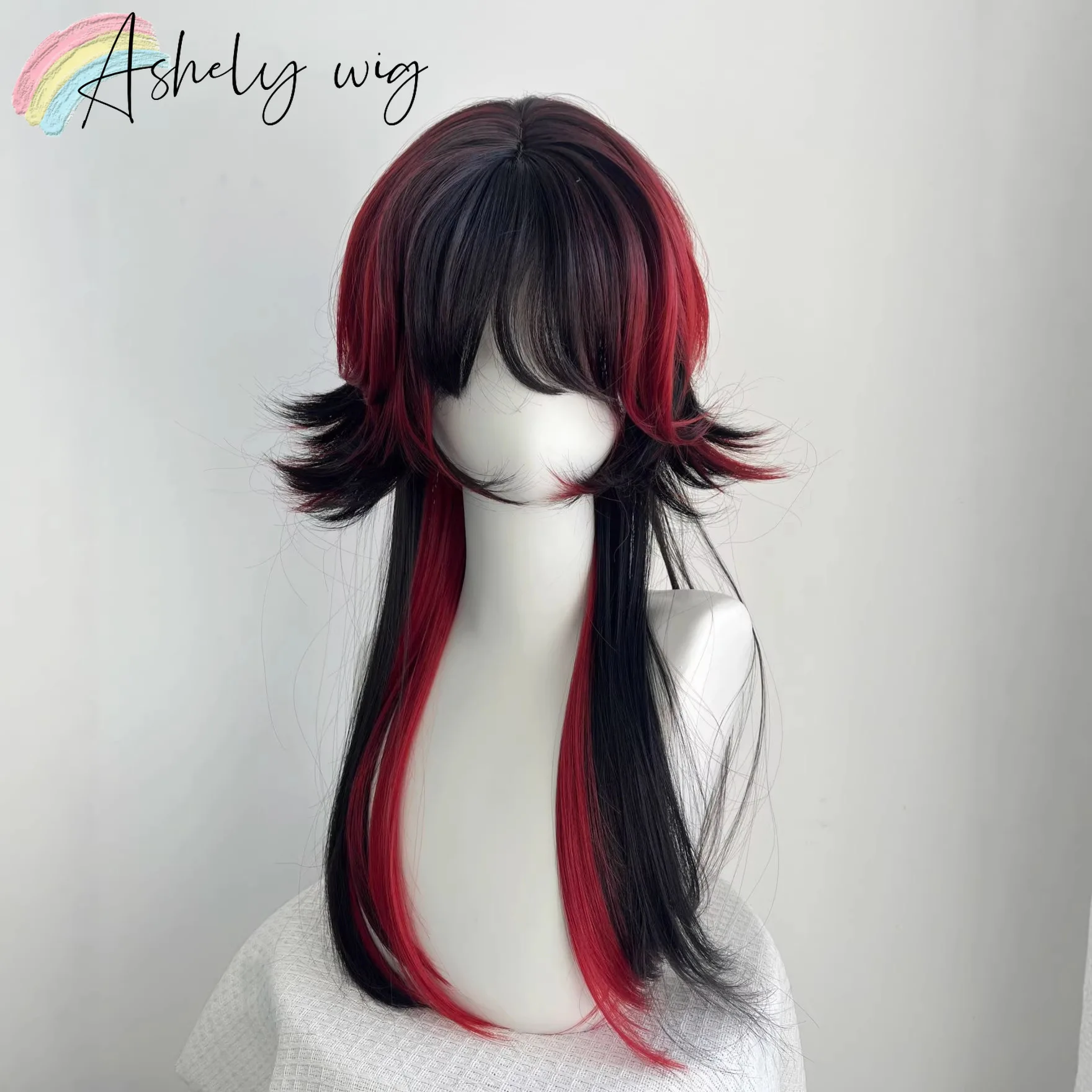Ashely Jellyfish Head Black with Red Wigs with Bangs Subculture Y2K High Temperature Fibers Cosplay Synthetic Wigs for Daily Use