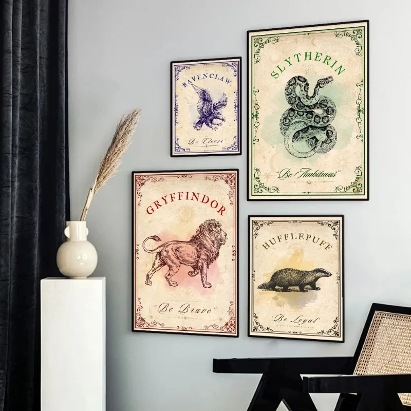1PCS Frameless Vintage Wizard School Houses Poster H-Hogwarts Inspiring Quotes Magic World Canvas Painting Wall Art for Living R