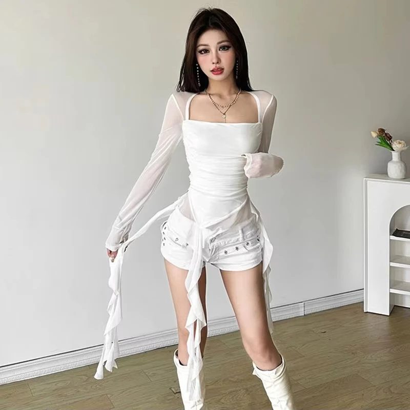 MEXZT Y2K Irregular White T Shirts Women Streetwear Sexy Ruffles Mesh Black Tops Gyaru Korean Aesthetic Long Sleeve Design Tees